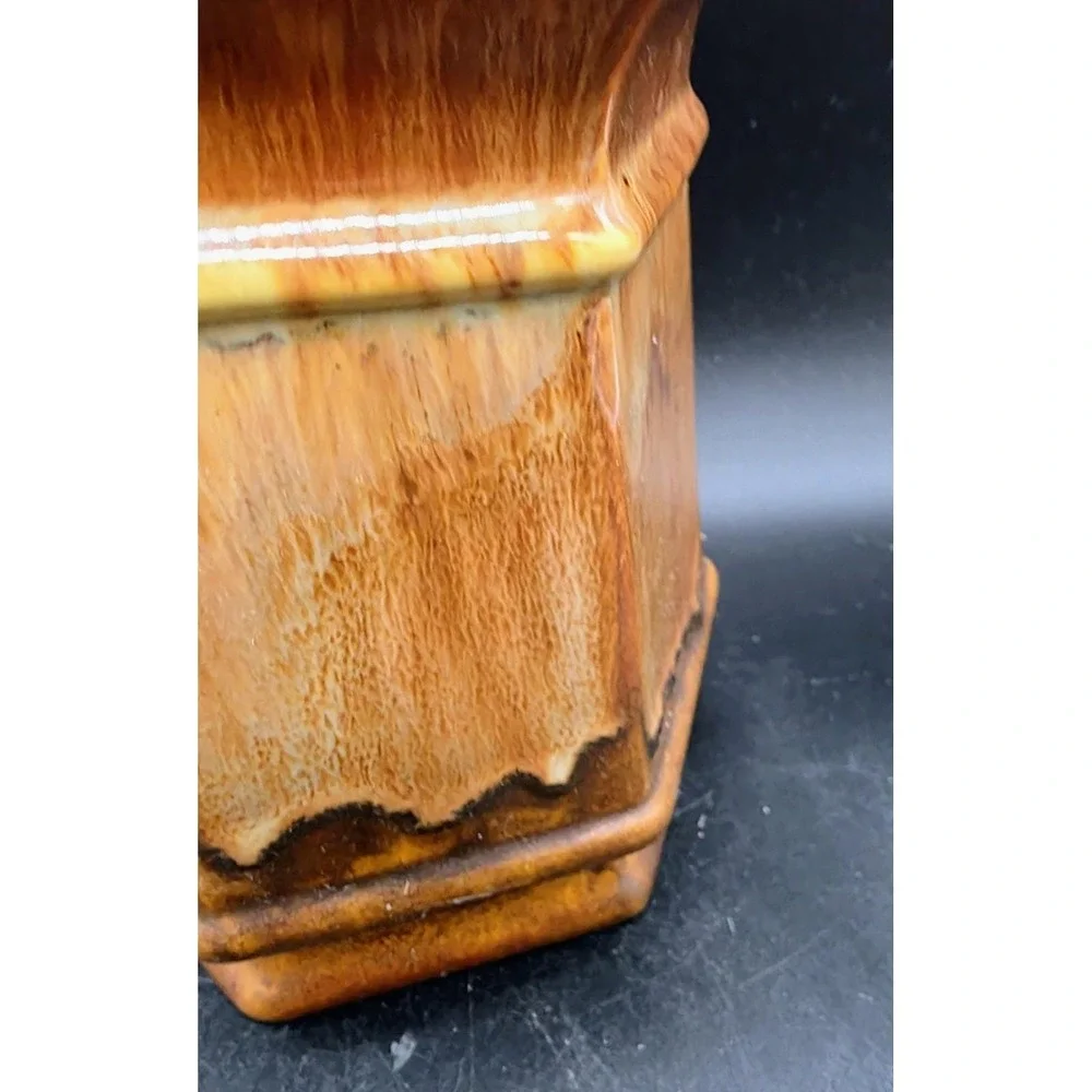 Vintage Royal Haeger Brown Dripware Pottery Canister‎ Hexagonal W Lid 7.5